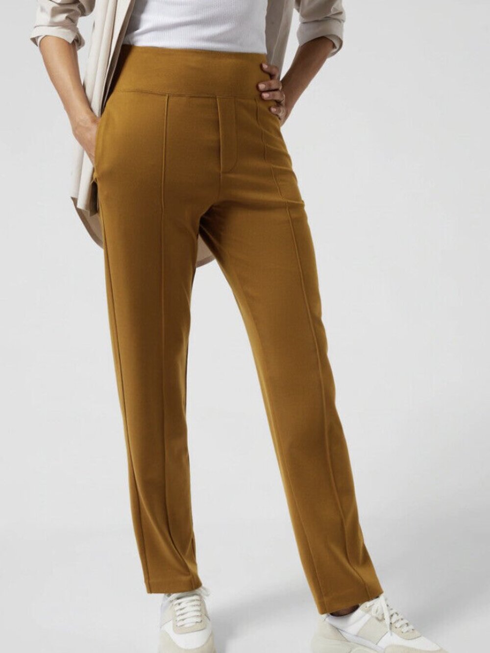 ATHLETA Eastbound Straight Pant 6 Petite Brass Yellow Tencel Travel Work